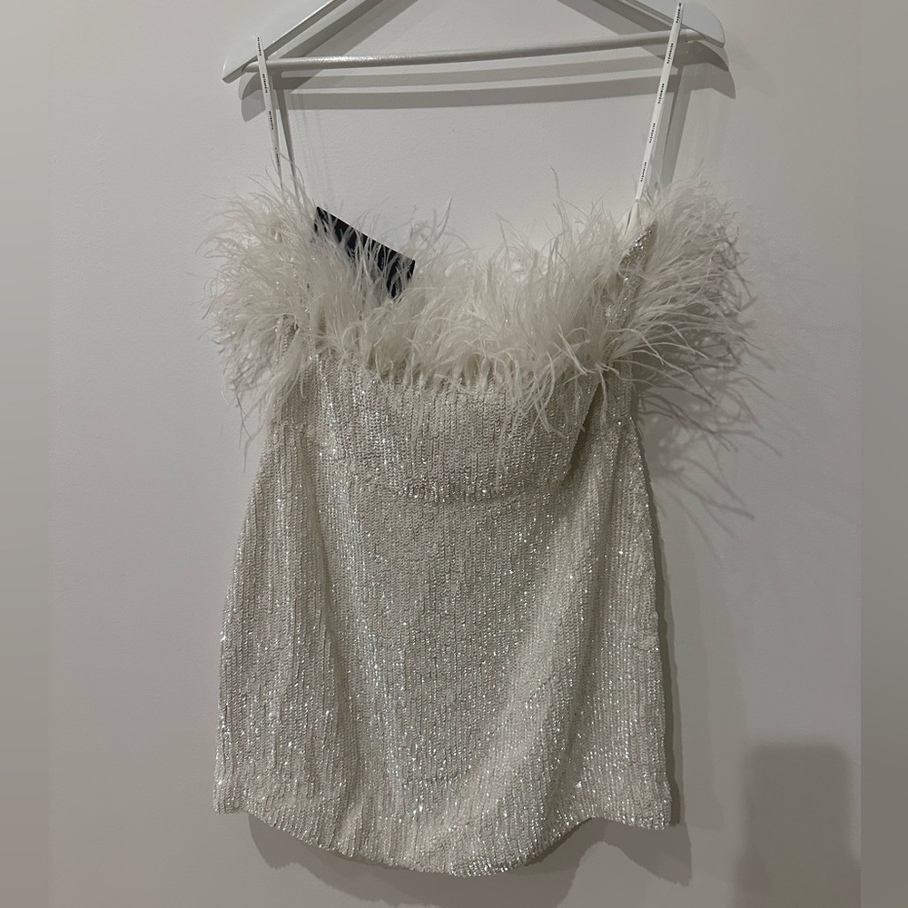 Retrofete NWT XXLarge White Sequin Feather Strapless Torin Dress - Picture 12 of 14